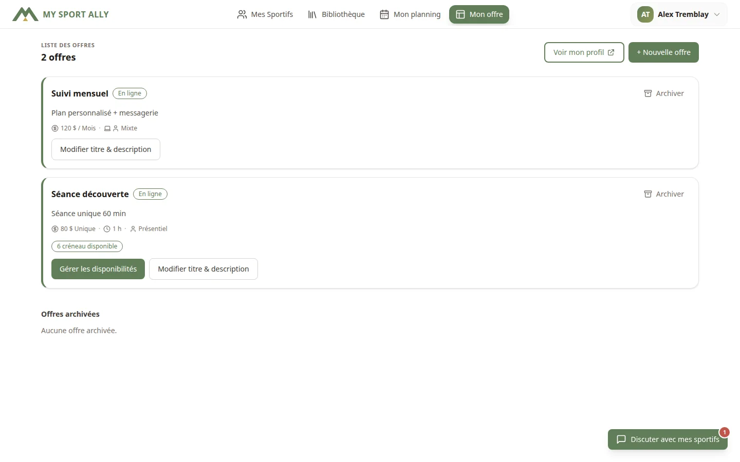 Gestion des offres de coaching — formules, tarifs et mise en avant des plans coach